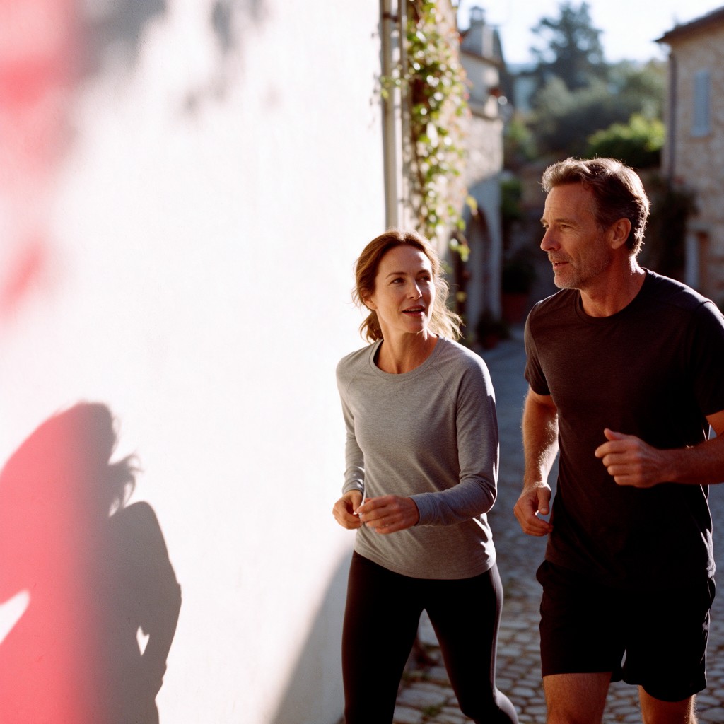 A woman and a man jogging together on a sunlit street.